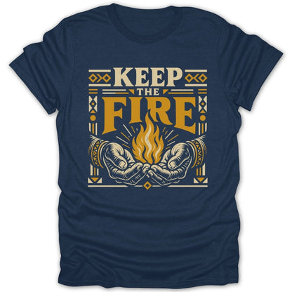 Navy t-shirt with "KEEP THE FIRE" text and stylized hands holding a flame.