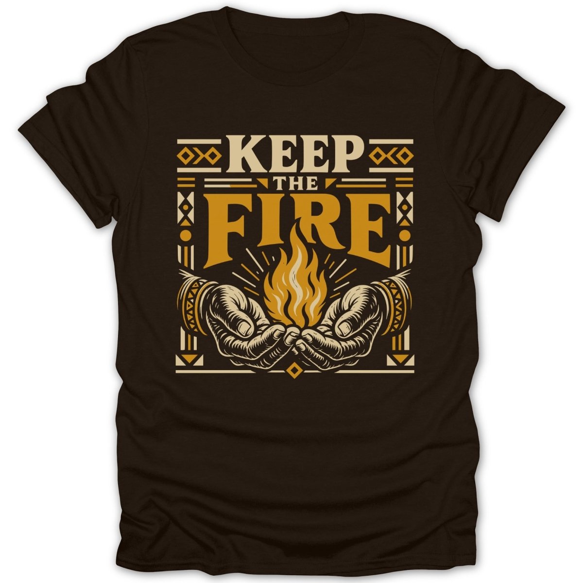Hands cupping a fire with text "KEEP THE FIRE" above on a brown t-shirt.
