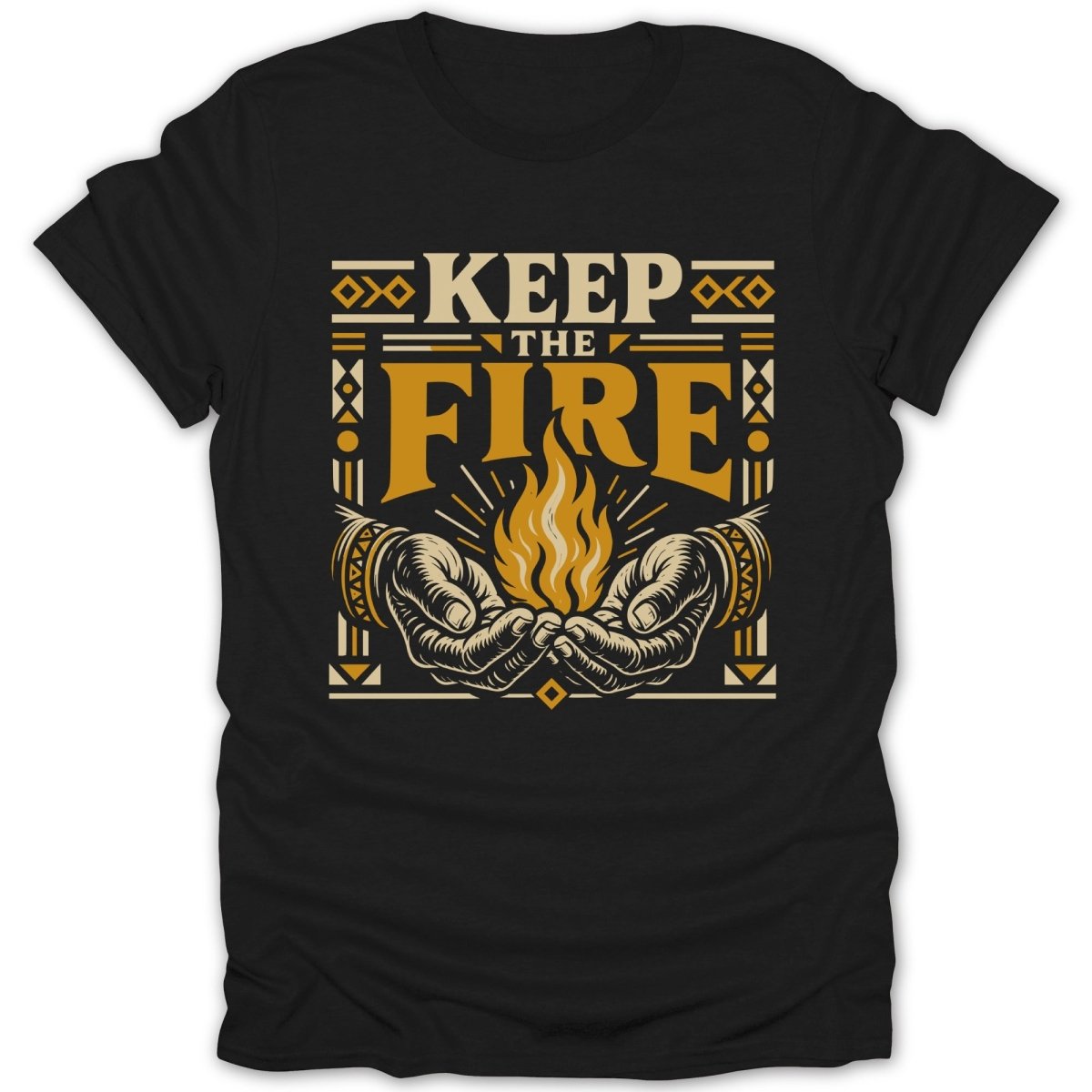 Black t-shirt with "KEEP THE FIRE" design and hands holding a flame.