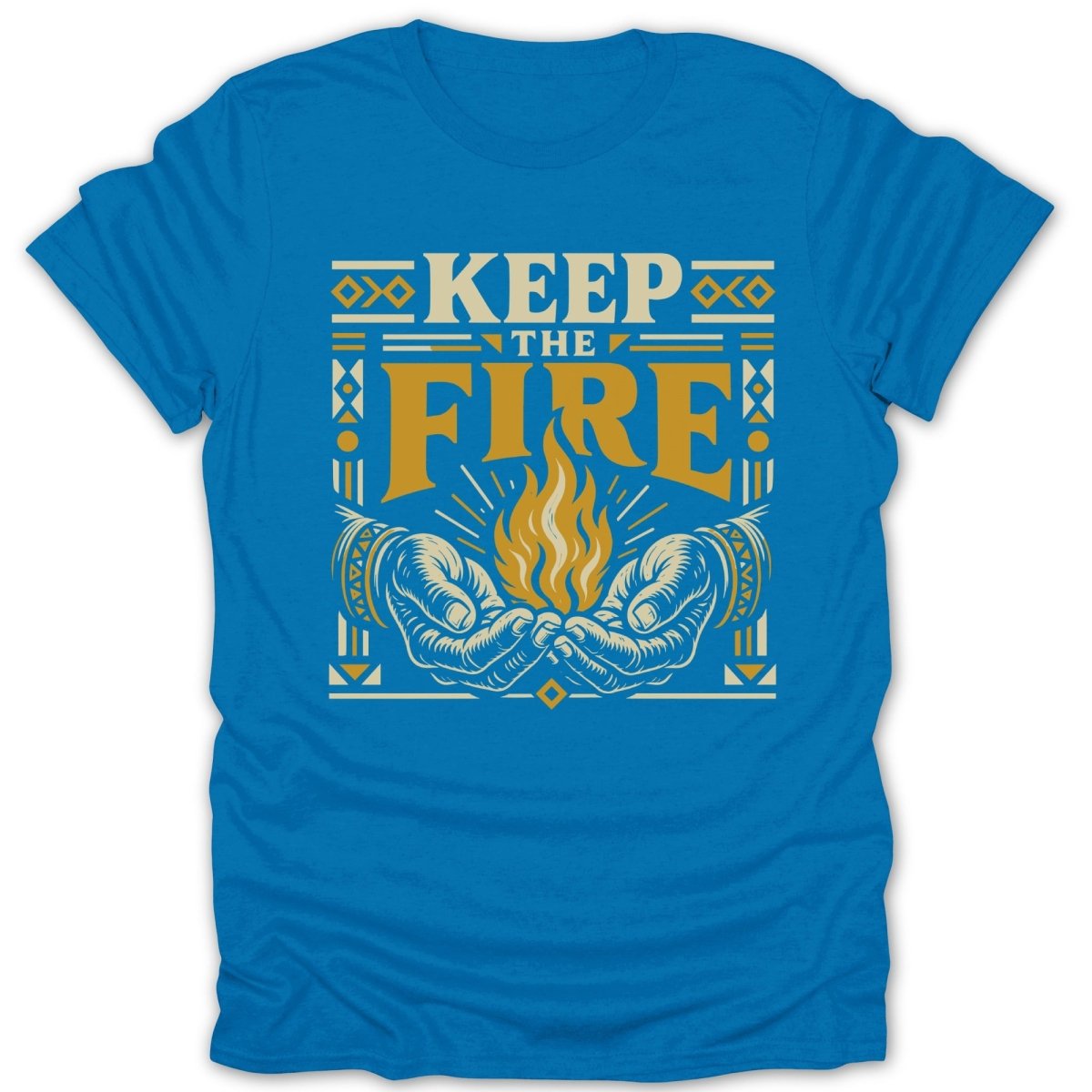 Blue t-shirt with text "KEEP THE FIRE" above hands holding a flame.