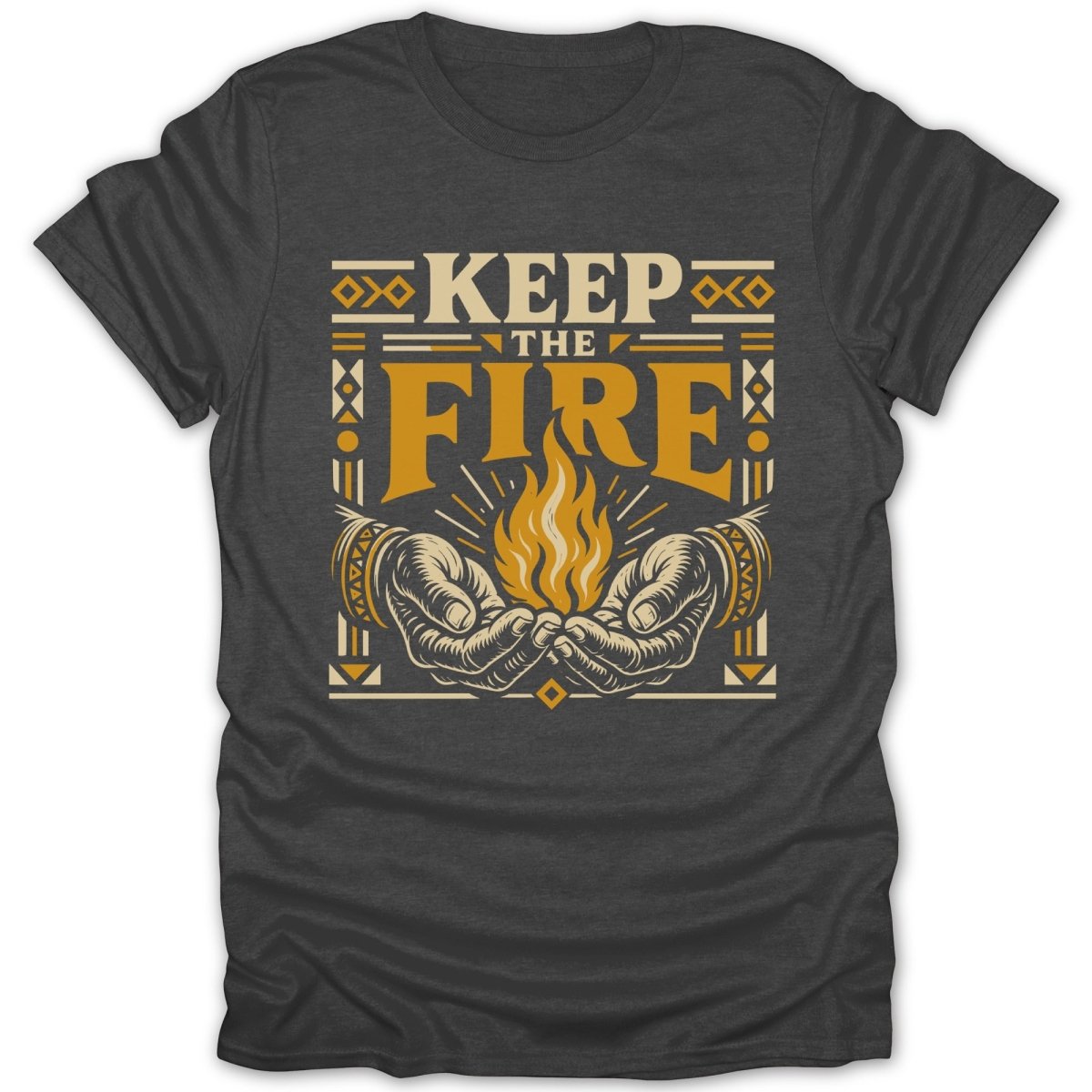 Dark grey t-shirt with "KEEP THE FIRE" text and hands holding flames.