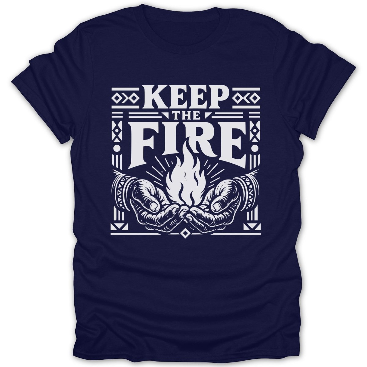 Navy t-shirt with white text and graphics: "KEEP THE FIRE" with cupped hands holding a flame.