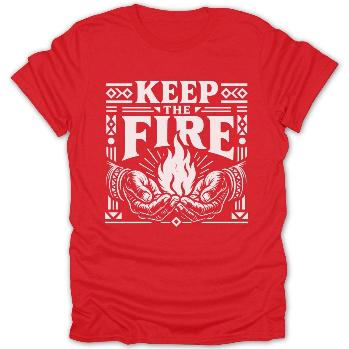 Red t-shirt with white "Keep the Fire" graphic and cupped hands holding flames.
