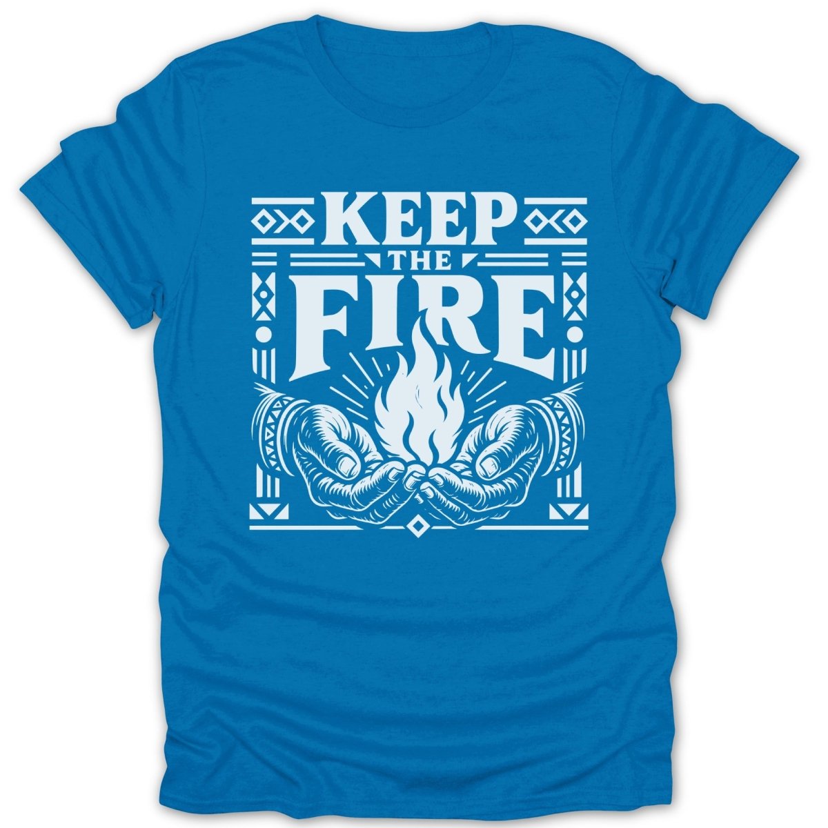 Blue t-shirt with white "KEEP THE FIRE" text and hands holding a flame.