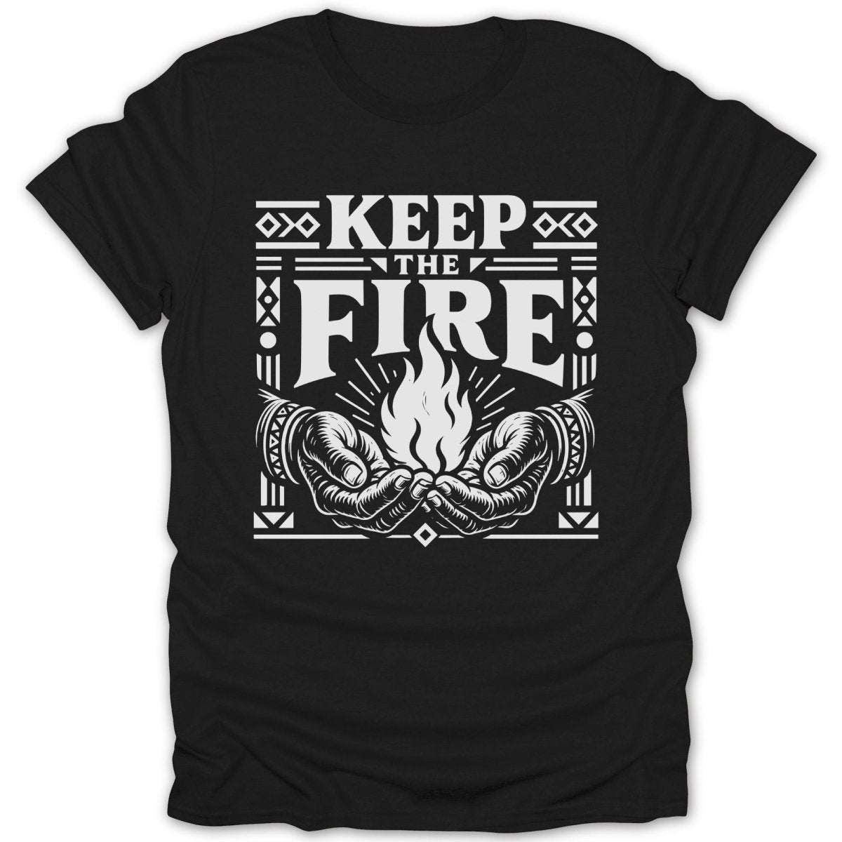 Black t-shirt with white graphic of hands holding a flame and the text "KEEP THE FIRE".