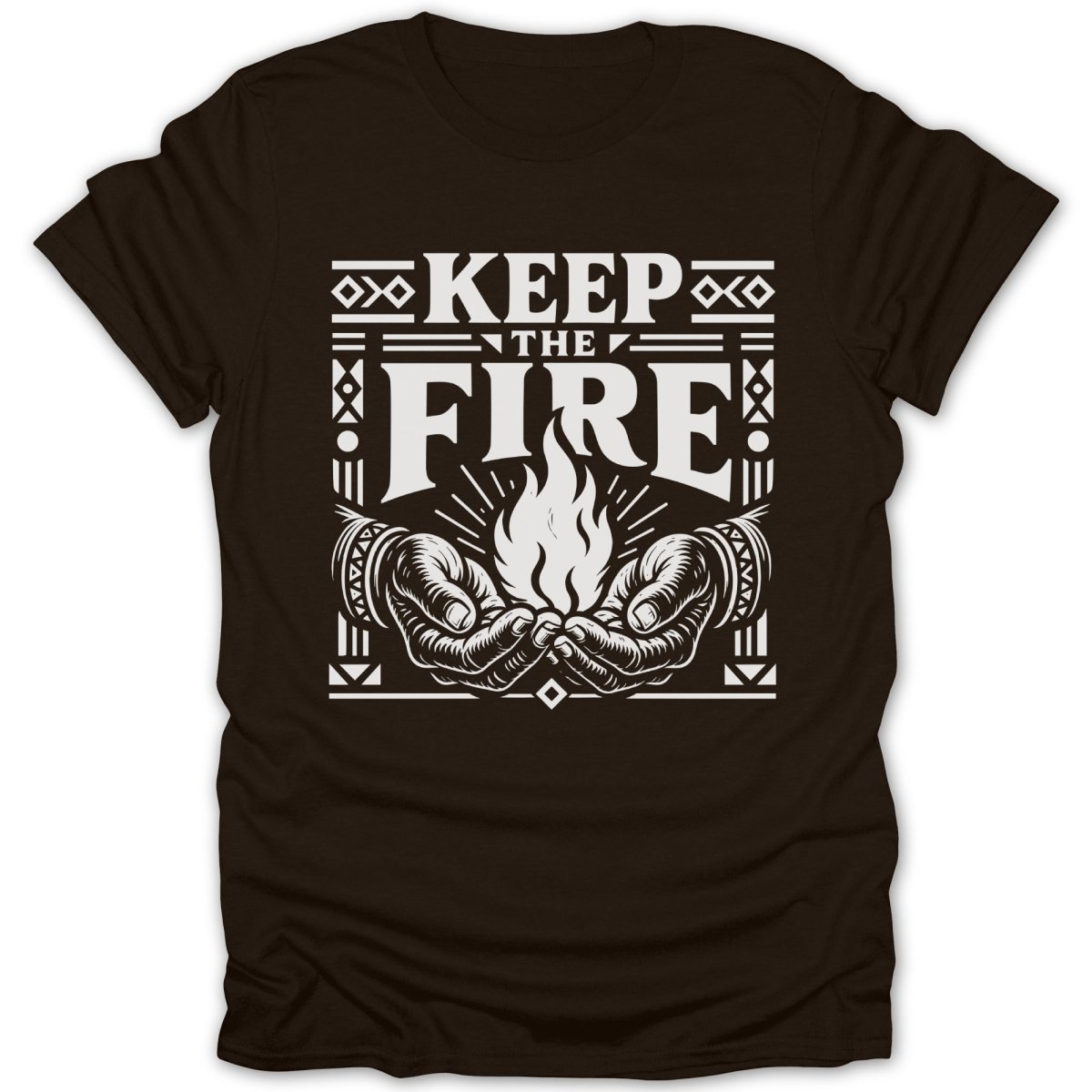 Brown t-shirt with white graphic: Keep The Fire, hands holding flame.