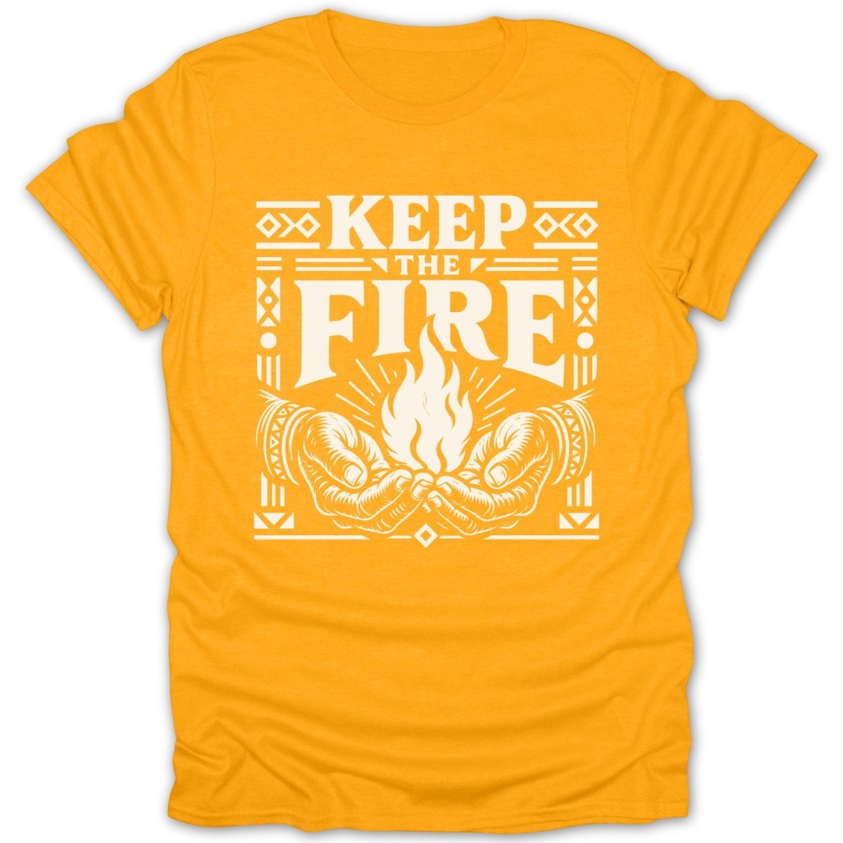 Yellow t-shirt with white text and graphic of hands holding a flame.