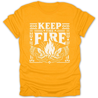 Yellow t-shirt with white text and graphic of hands holding a flame.