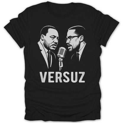 Martin Luther King Jr. and Malcolm X face each other over a microphone with "VERSUZ" text.