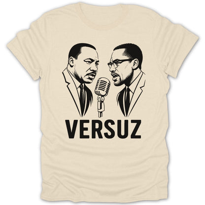 Martin Luther King Jr. and Malcolm X facing each other with a microphone, "VERSUZ" text.