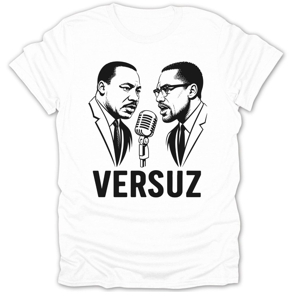 Martin Luther King Jr. and Malcolm X facing each other with a microphone and the text VERSUZ.