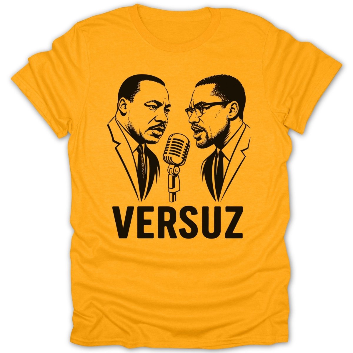 Graphic of Martin Luther King Jr. and Malcolm X on a yellow t-shirt with "VERSUZ" text.