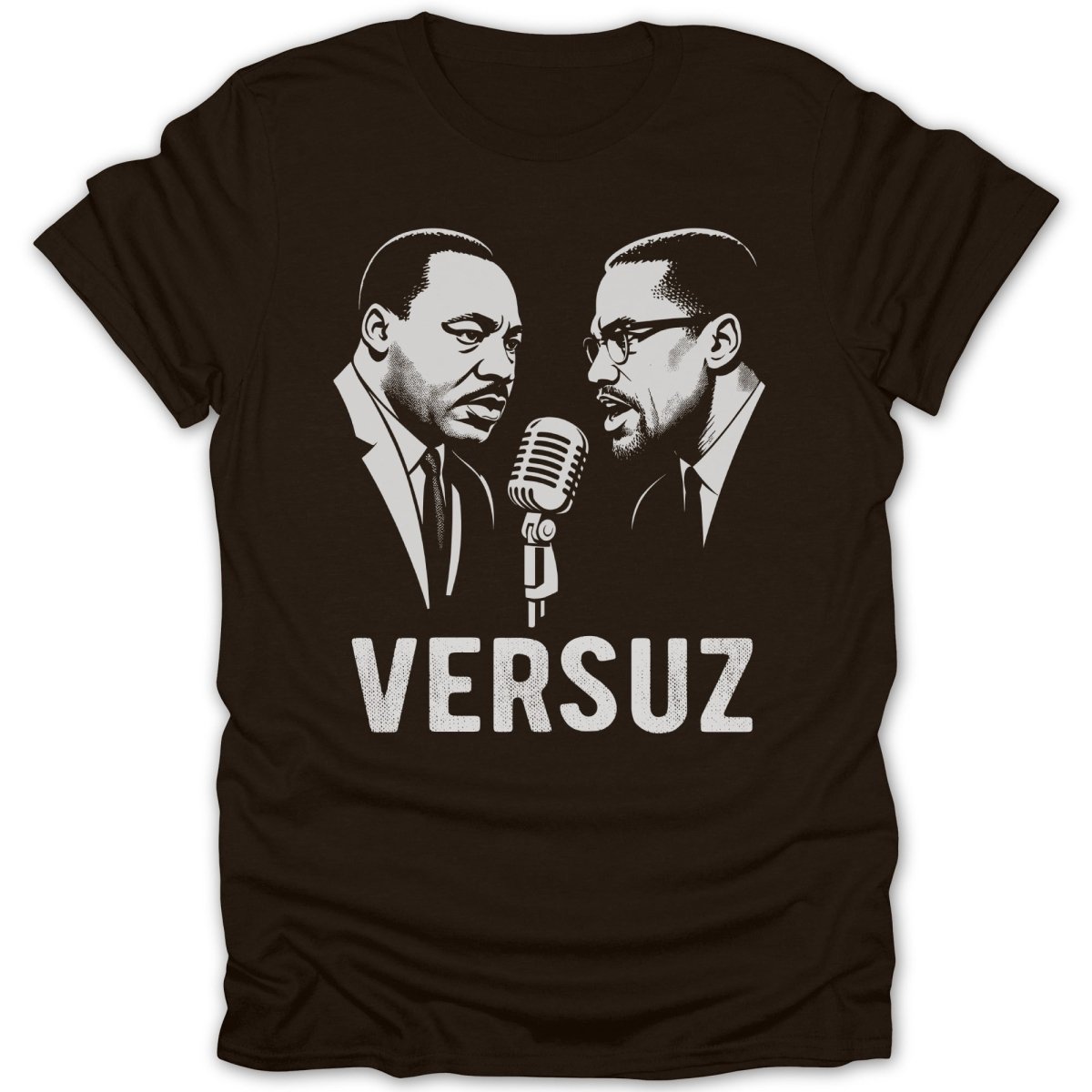 Martin Luther King Jr. and Malcolm X facing a vintage microphone with "VERSUZ" text.