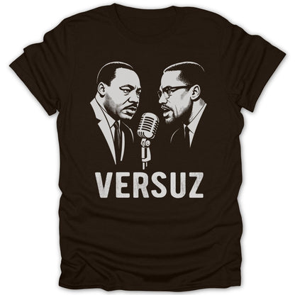 Martin Luther King Jr. and Malcolm X facing a vintage microphone with "VERSUZ" text.