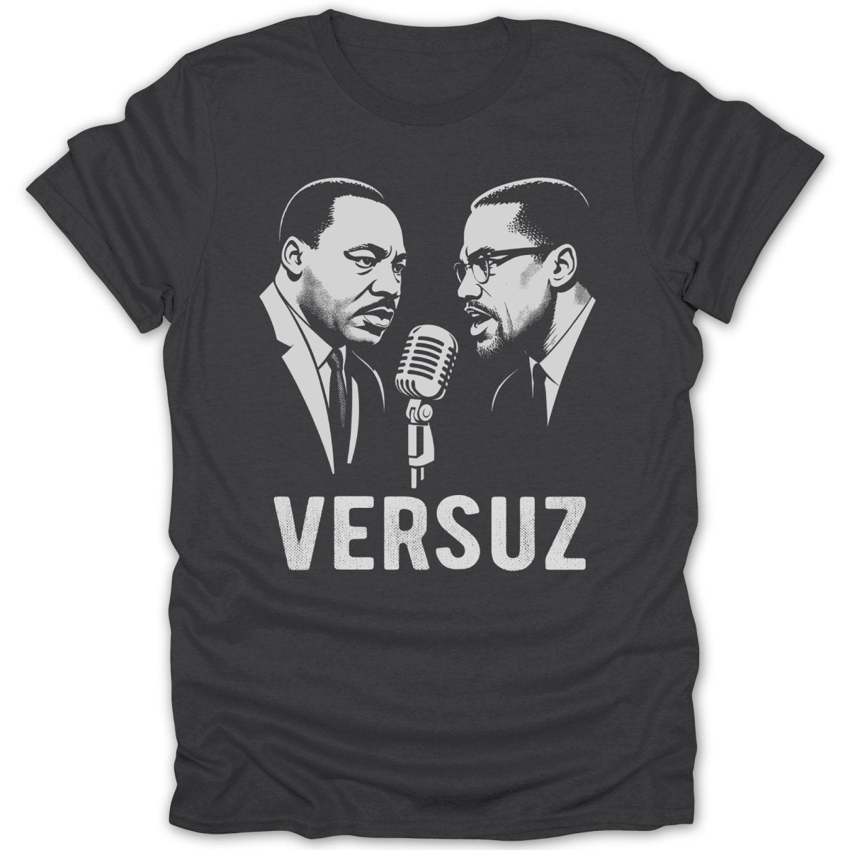 Martin Luther King Jr. and Malcolm X facing each other over a microphone with "VERSUZ" text.