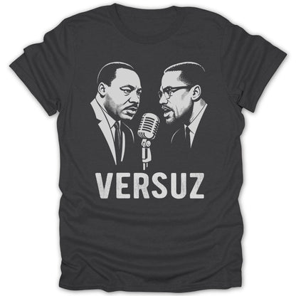 Martin Luther King Jr. and Malcolm X facing each other over a microphone with "VERSUZ" text.