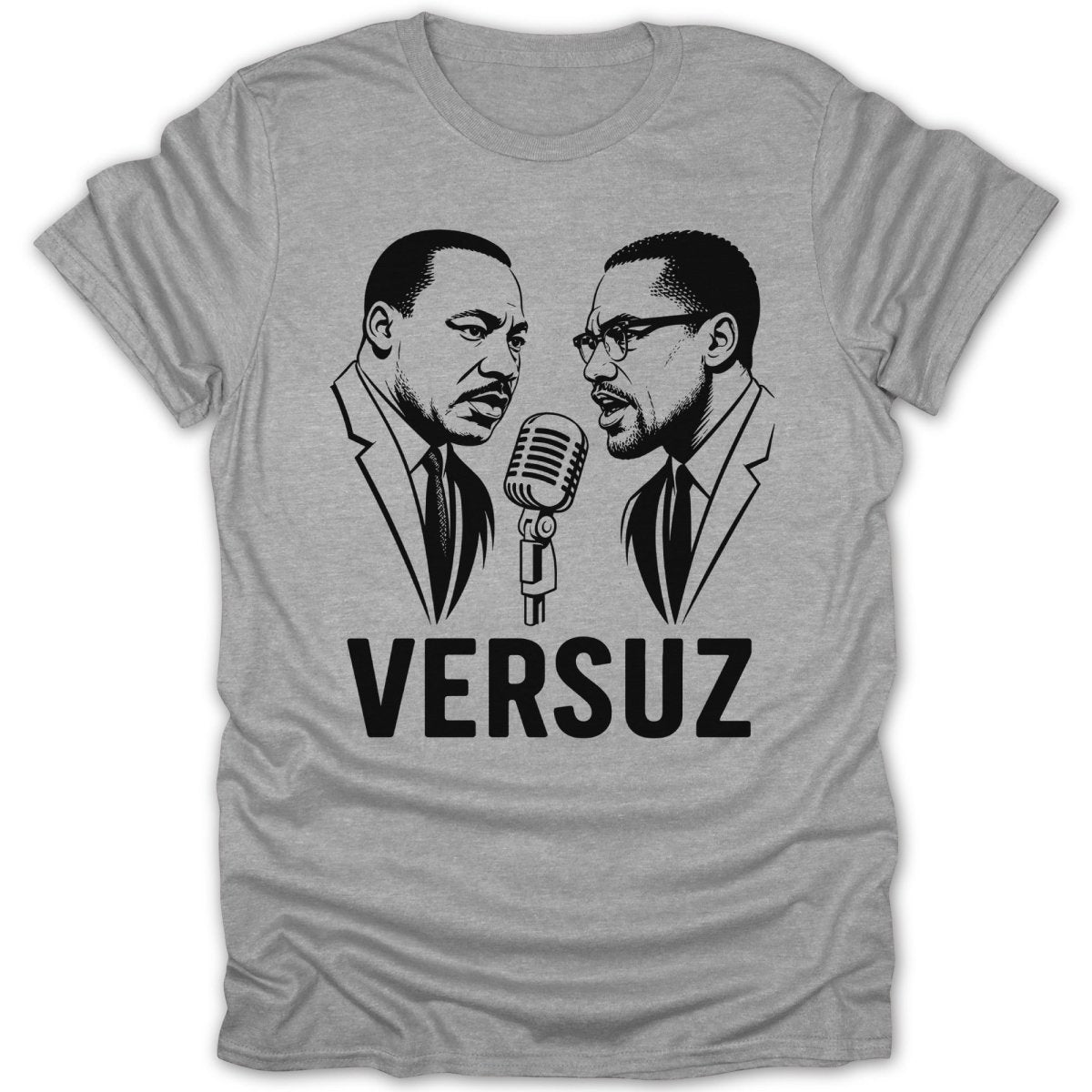 Black and white graphic of Martin Luther King Jr. and Malcolm X facing each other over a microphone.