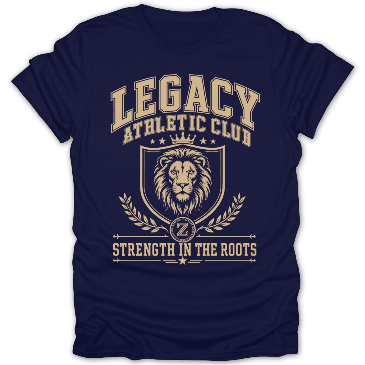 Navy t-shirt with "Legacy Athletic Club" and lion crest design.