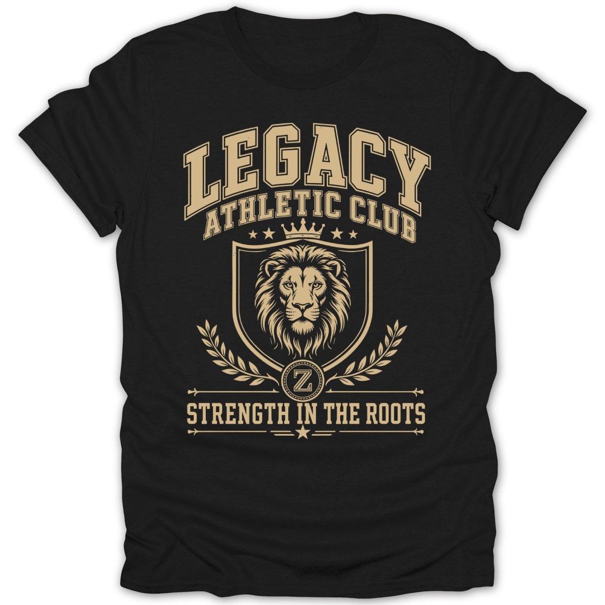 Black t-shirt with gold Legacy Athletic Club logo and slogan.