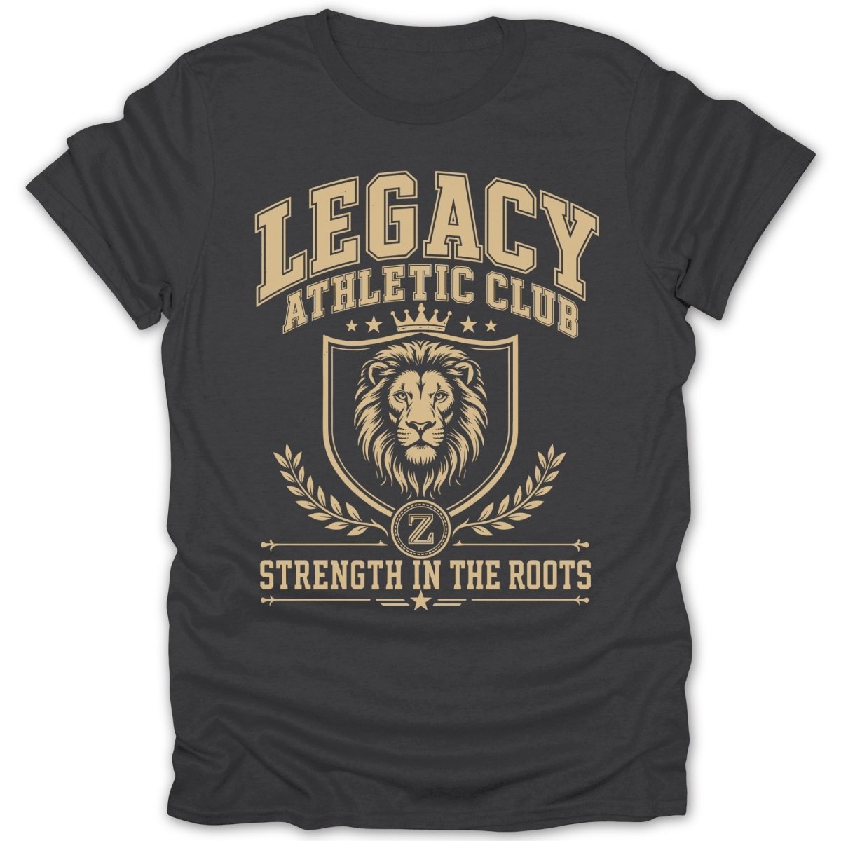 Dark gray t-shirt with Legacy Athletic Club logo featuring a lion, crown, and laurel wreath.