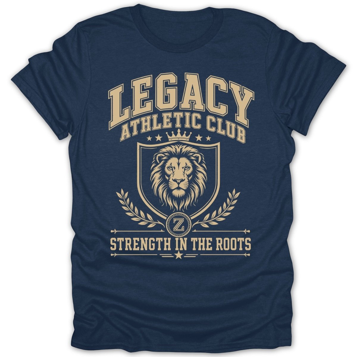 Navy t-shirt with Legacy Athletic Club crest featuring lion and wreath.
