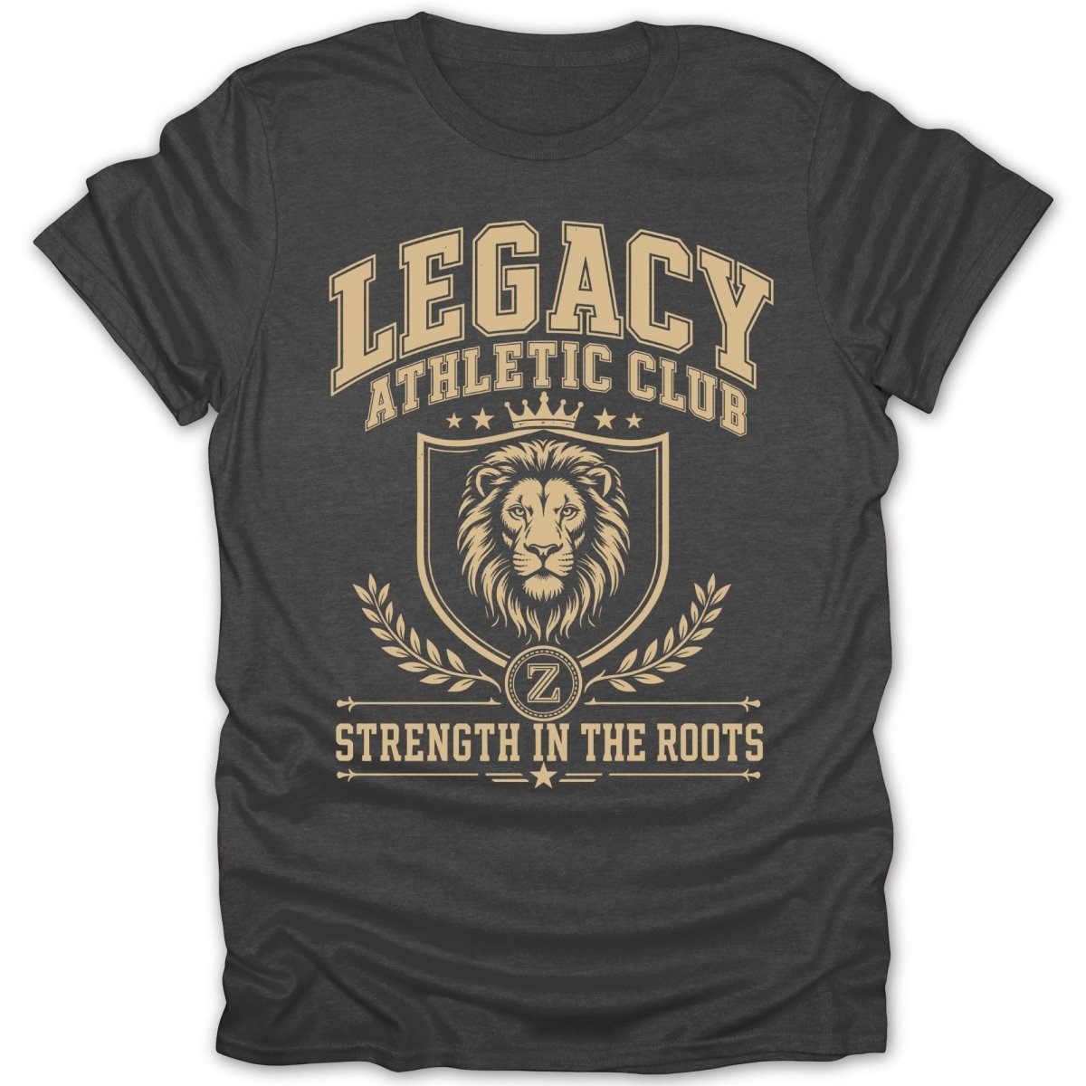 Dark t-shirt with "Legacy Athletic Club" and lion crest design.