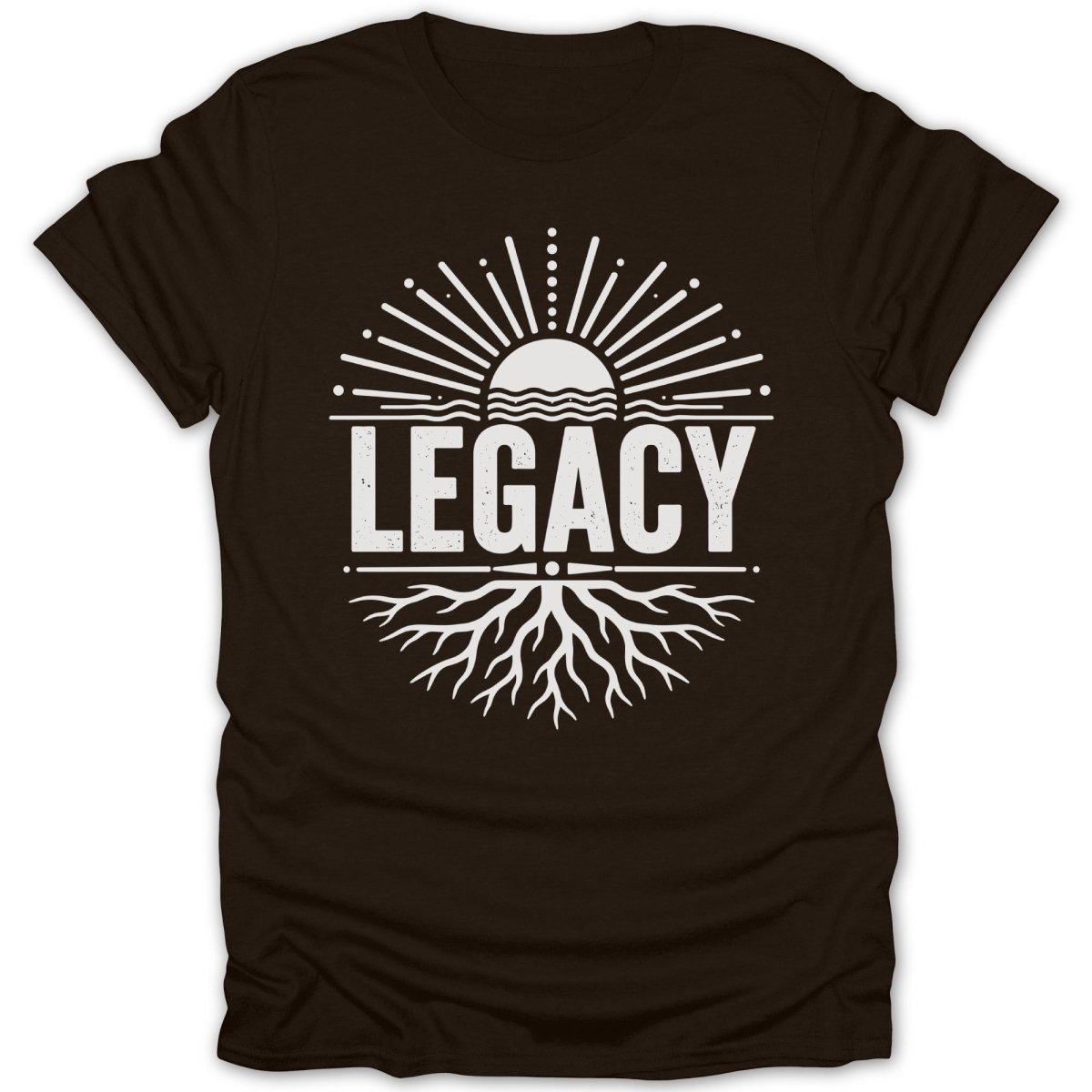 Dark t-shirt with white "LEGACY" text, sun, and roots graphic.