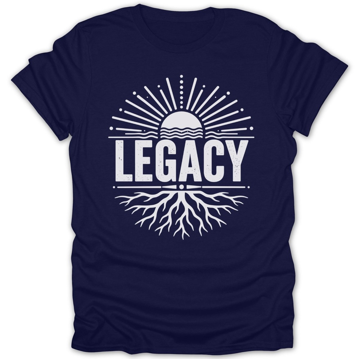 Navy t-shirt with white "LEGACY" text, sun, and tree roots graphic.