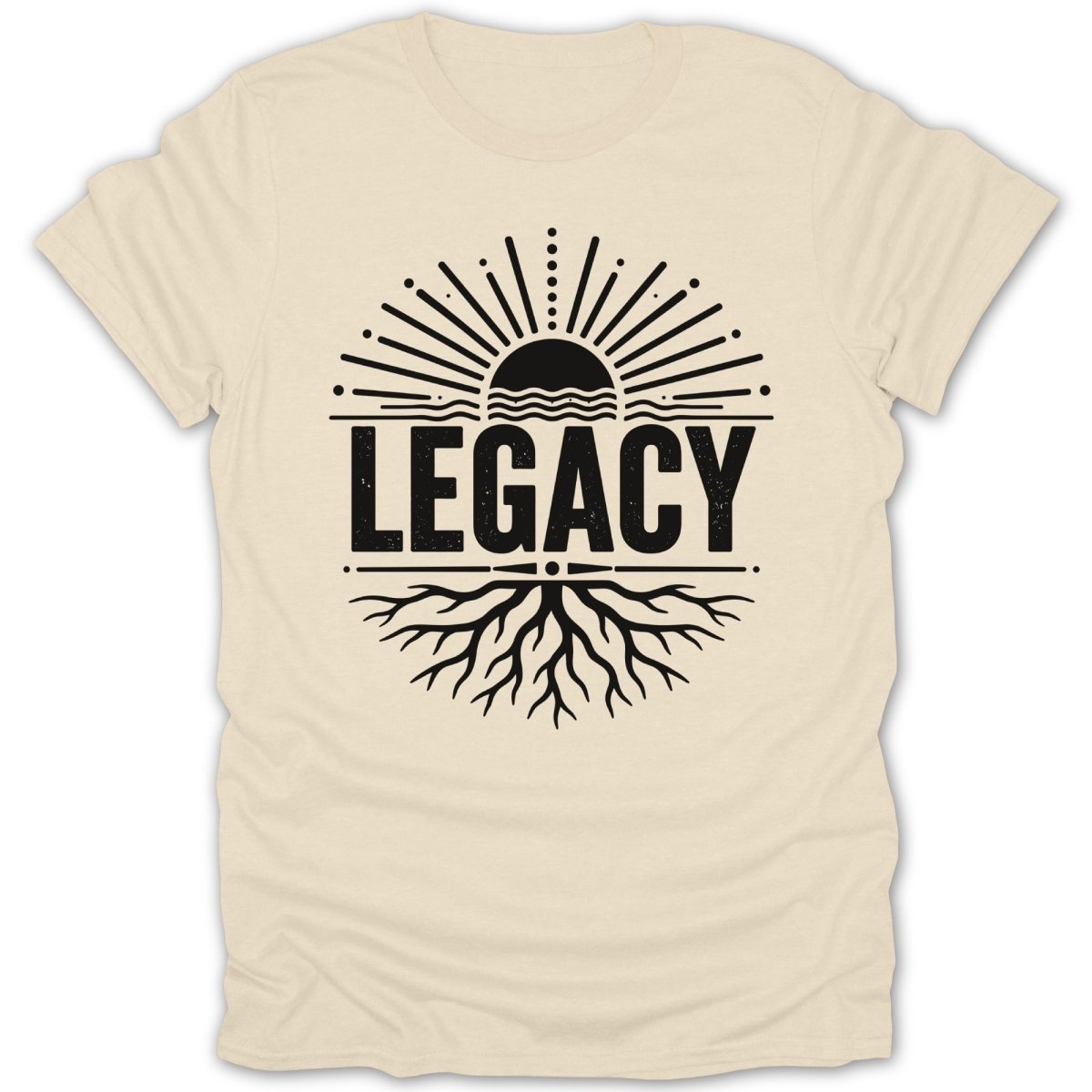 Beige t-shirt with black "LEGACY" text and a sunburst with roots design.