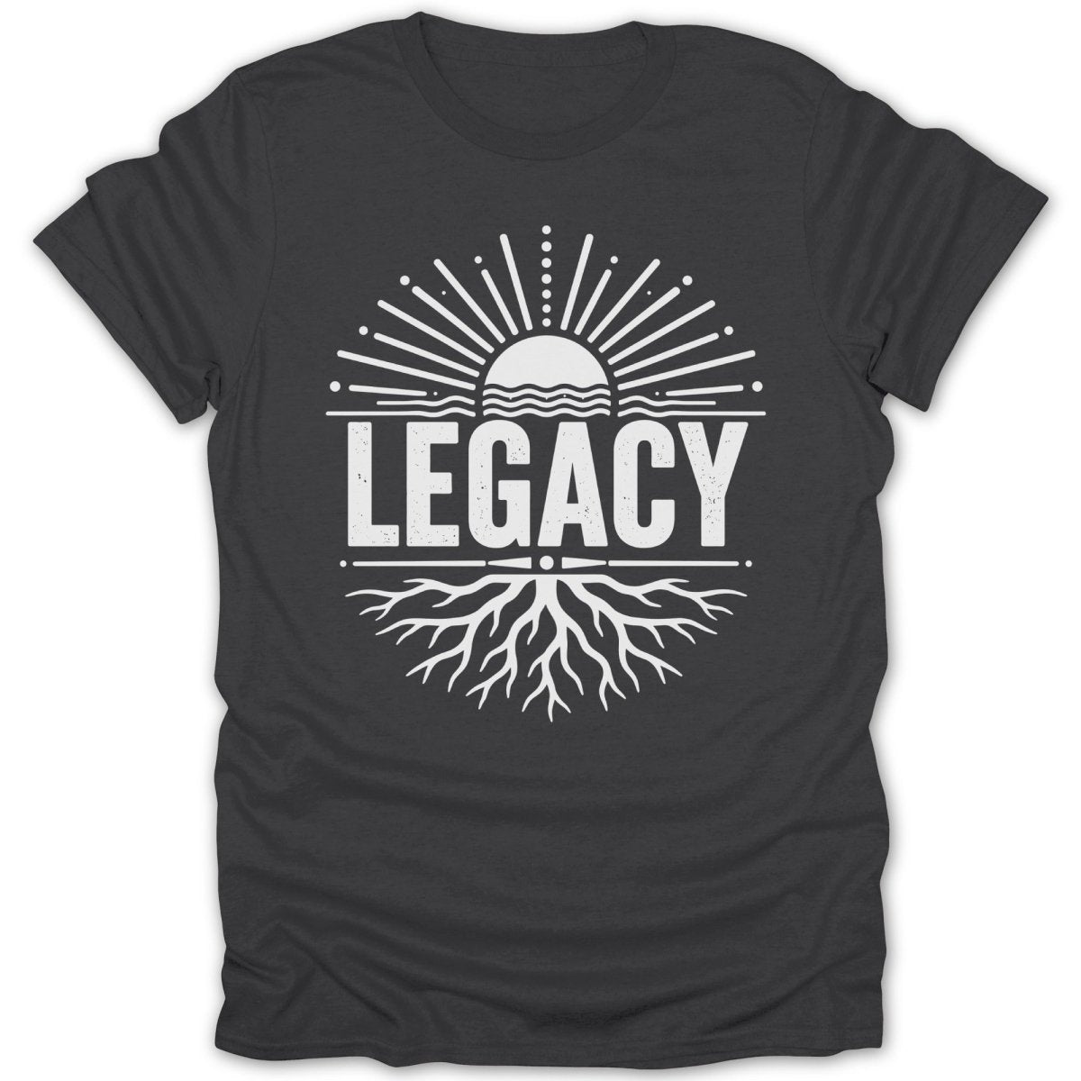 Dark t-shirt with white sunburst and roots graphic and "LEGACY" text.