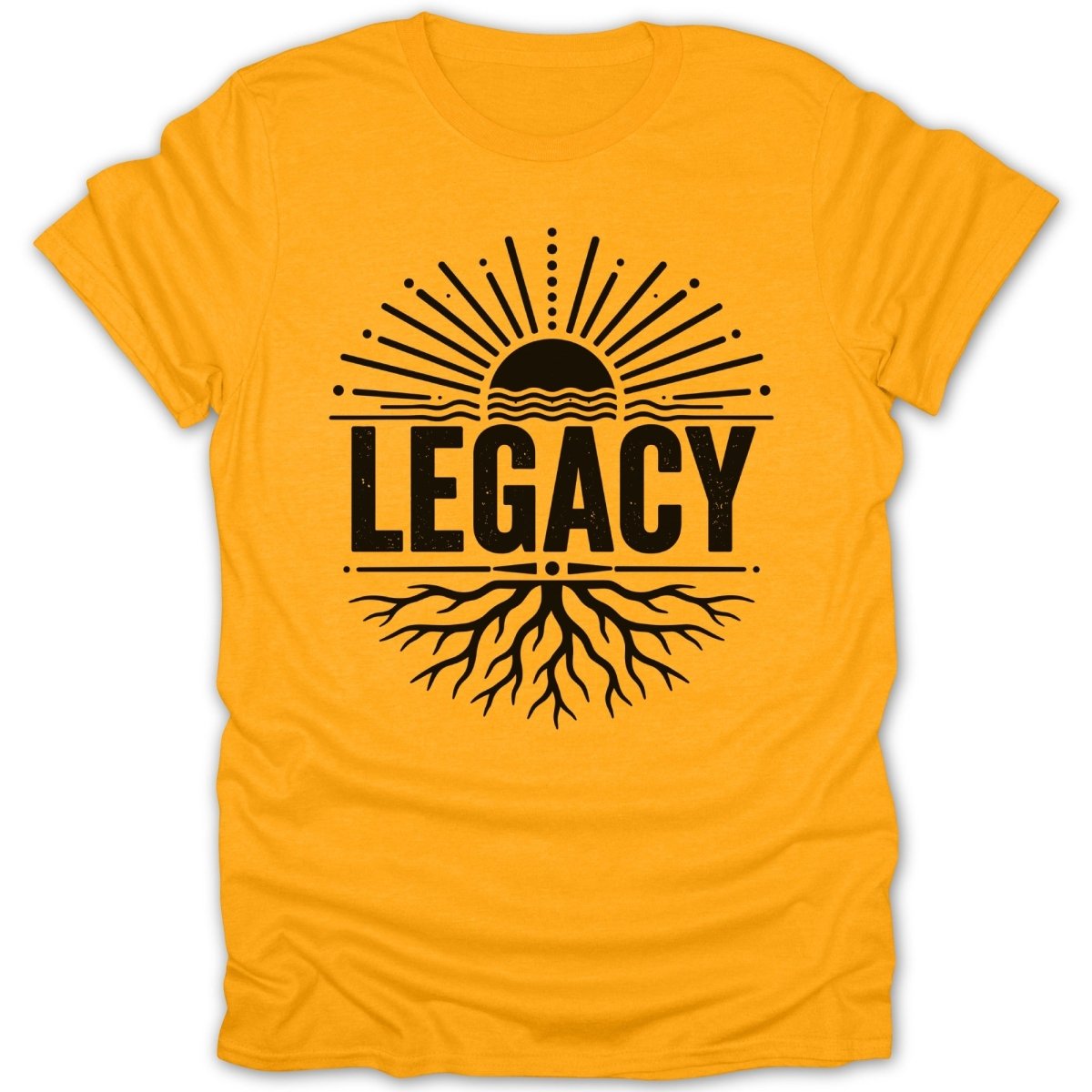Yellow t-shirt with "LEGACY" text and sun and root graphic.