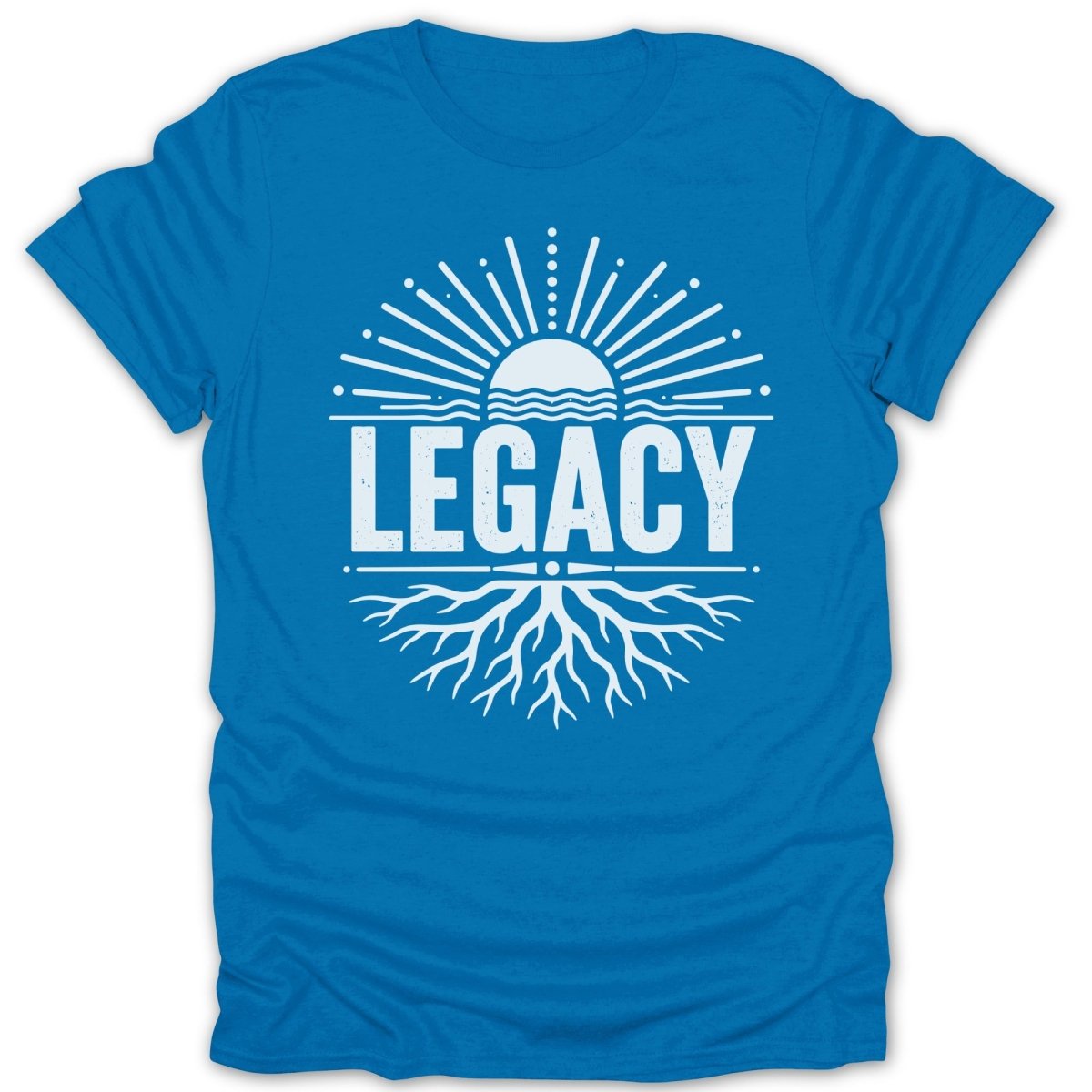 Blue t-shirt with white "LEGACY" text, sunburst, and root design.