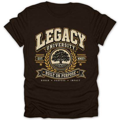 Brown t-shirt with Legacy University crest featuring a tree and motto.