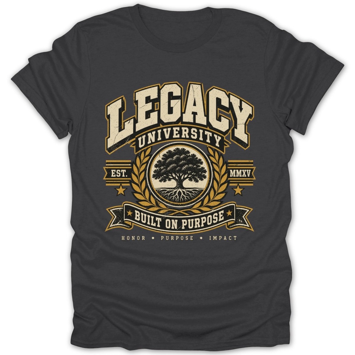 Dark grey t-shirt with distressed "Legacy University" graphic featuring a tree.