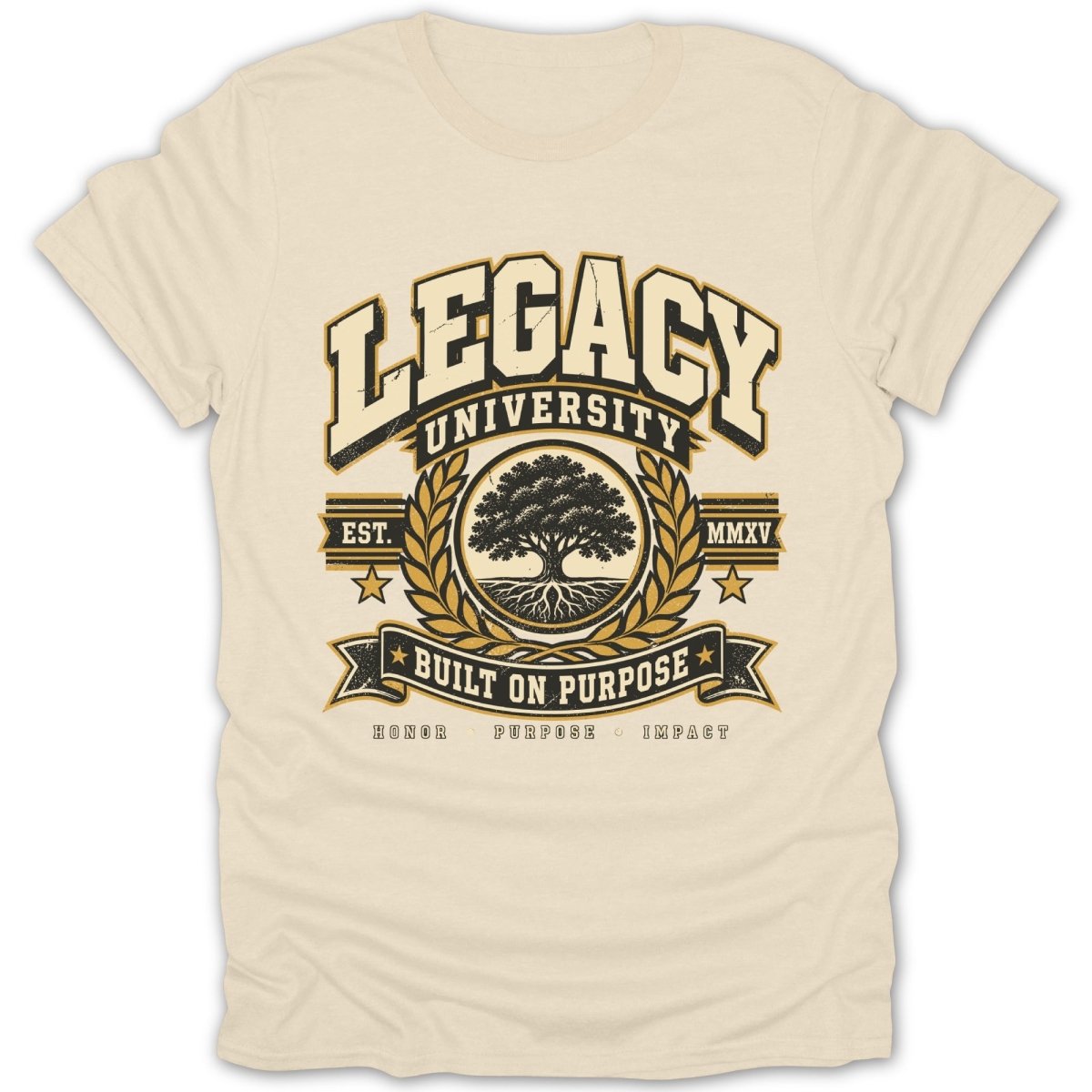Cream t-shirt with Legacy University graphic featuring a tree, laurel wreath, and text.