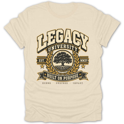 Cream t-shirt with Legacy University graphic featuring a tree, laurel wreath, and text.