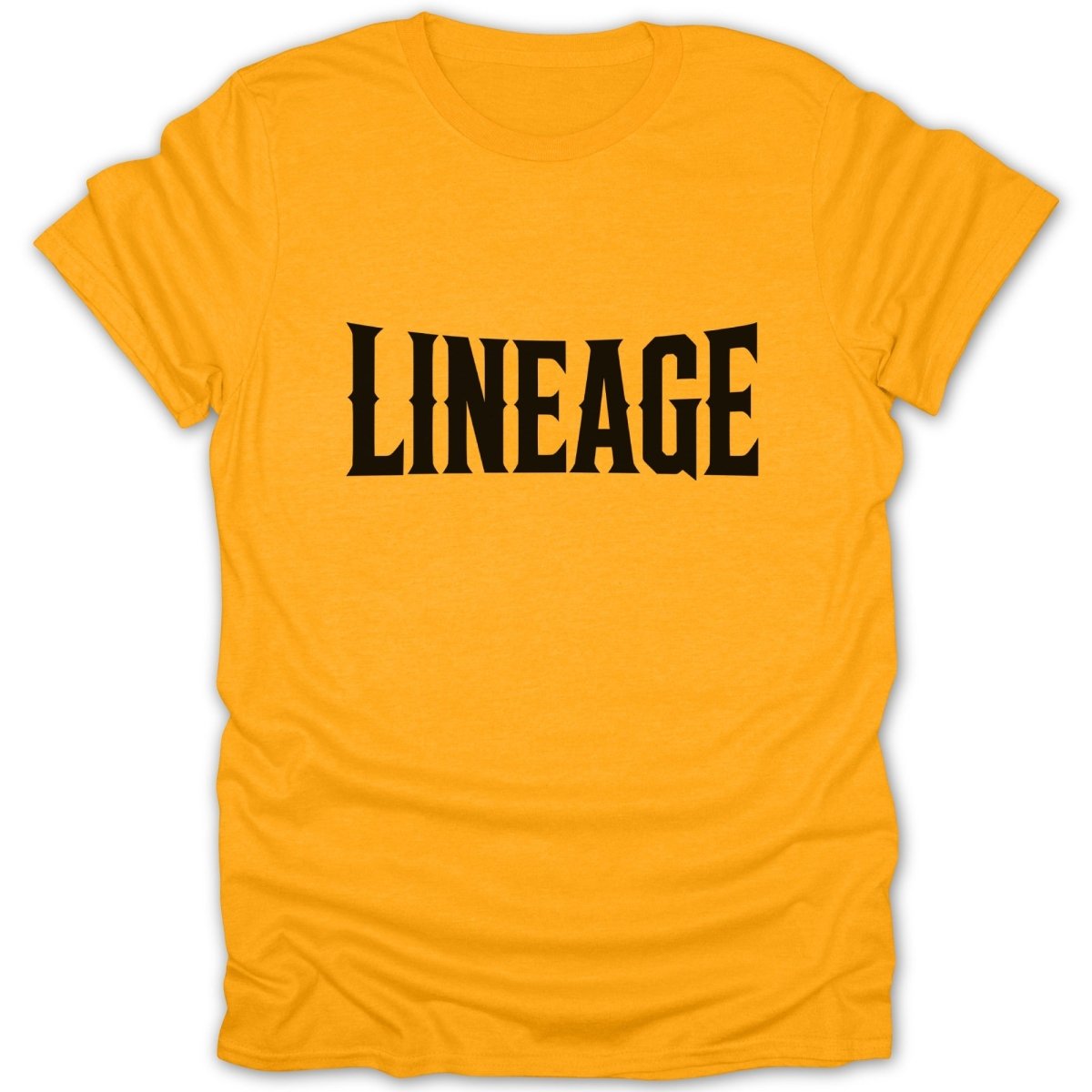Orange t-shirt with black text that reads "LINEAGE"