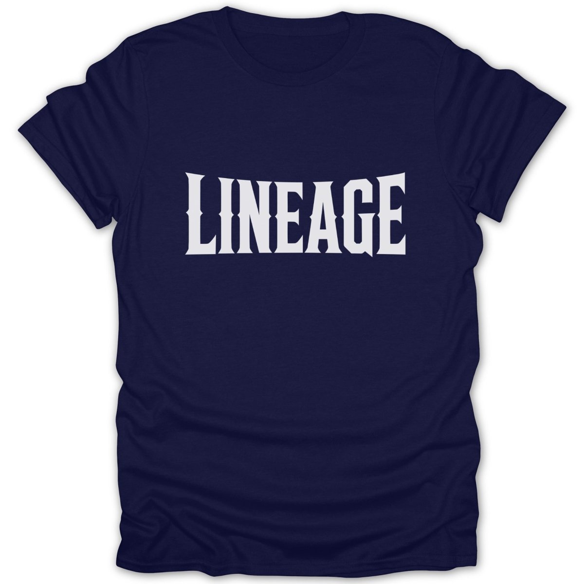 Navy t-shirt with white "LINEAGE" text in a decorative font.