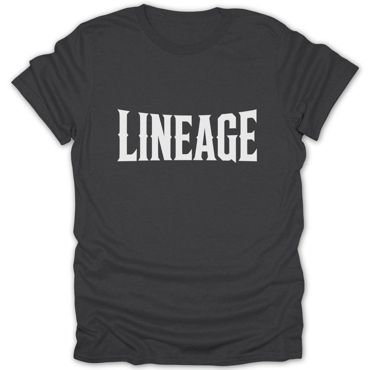 Dark grey t-shirt with the word "LINEAGE" in white distressed block letters.