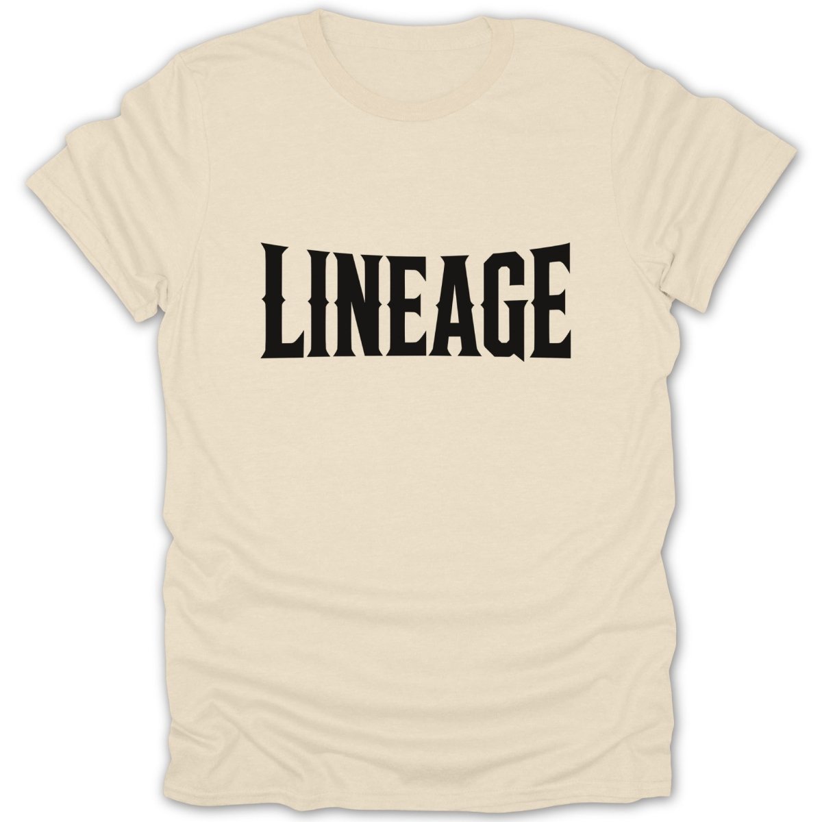 Cream t-shirt with "LINEAGE" text in a black serif font.