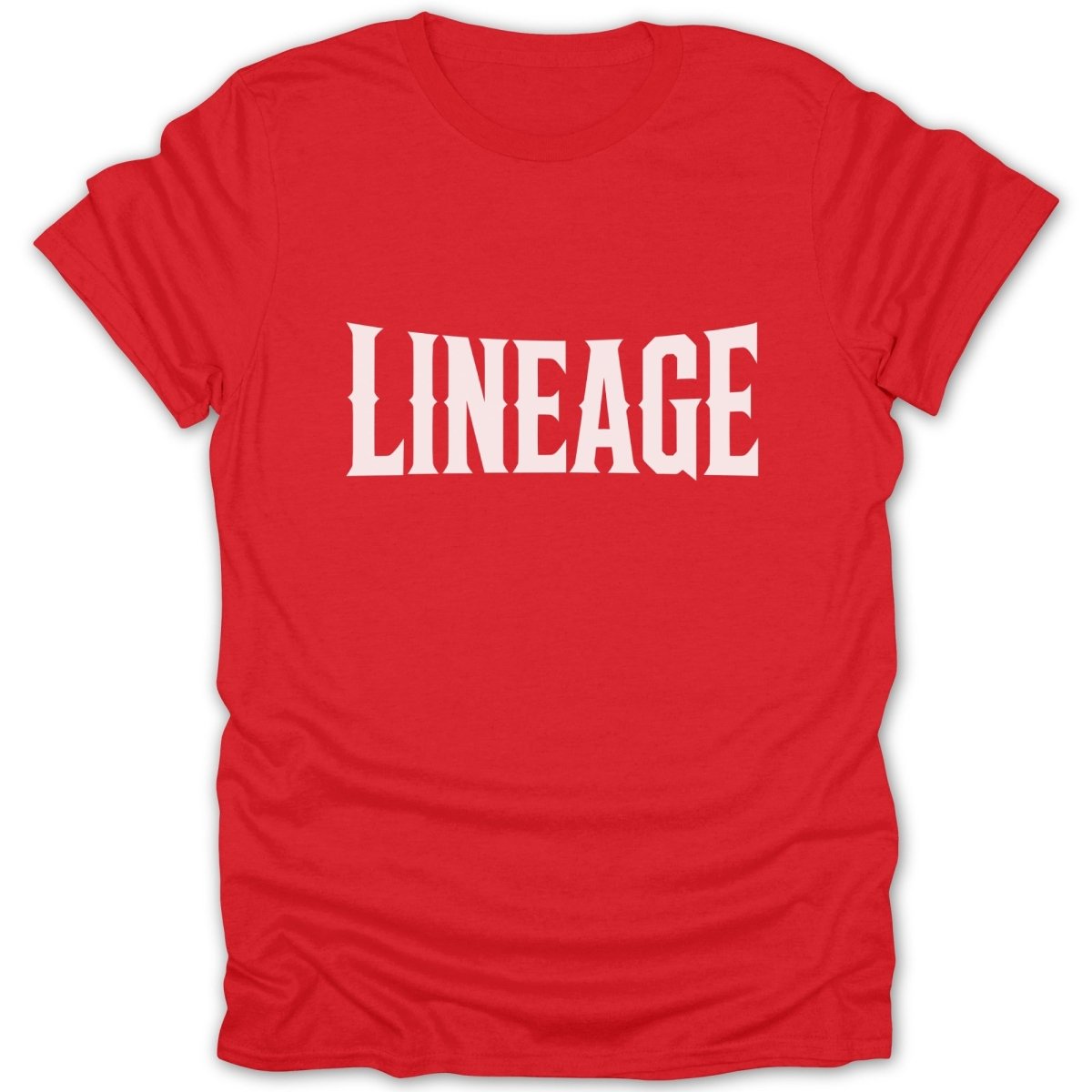 Red t-shirt with white "LINEAGE" text centered on the chest