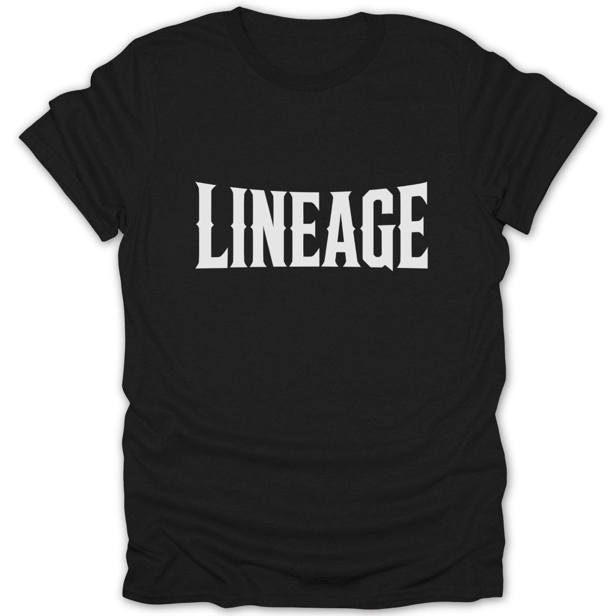 Black t-shirt with white "LINEAGE" text in a gothic font.