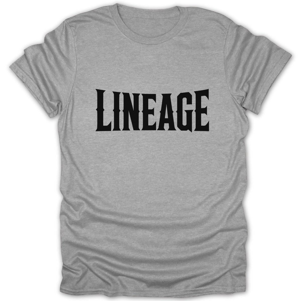 Grey t-shirt with black "LINEAGE" text in a western-style font.