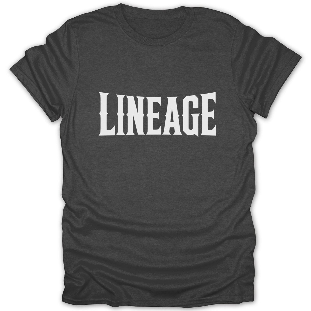 Dark gray t-shirt with white "LINEAGE" text on the chest.