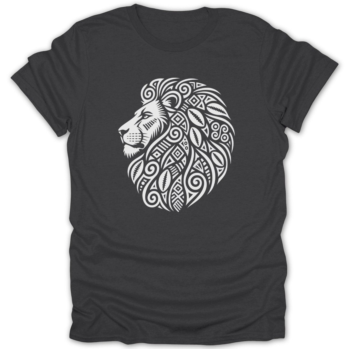 Dark grey t-shirt with a white tribal lion head design on the left chest.