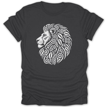 Dark grey t-shirt with a white tribal lion head design on the left chest.