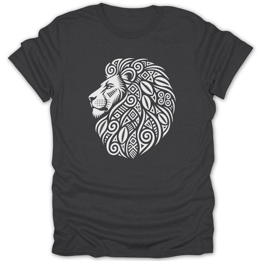 Dark grey t-shirt with a white tribal lion head design on the left chest.