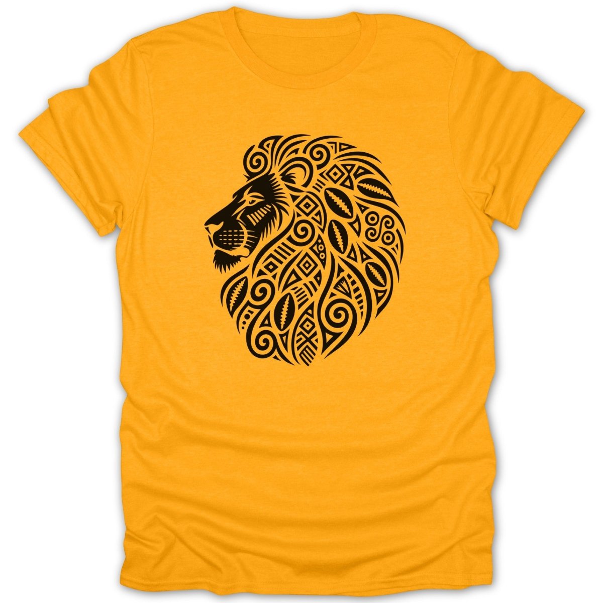 Yellow t-shirt with a black tribal lion head graphic on the chest.