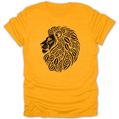 Yellow t-shirt with a black tribal lion head graphic on the chest.
