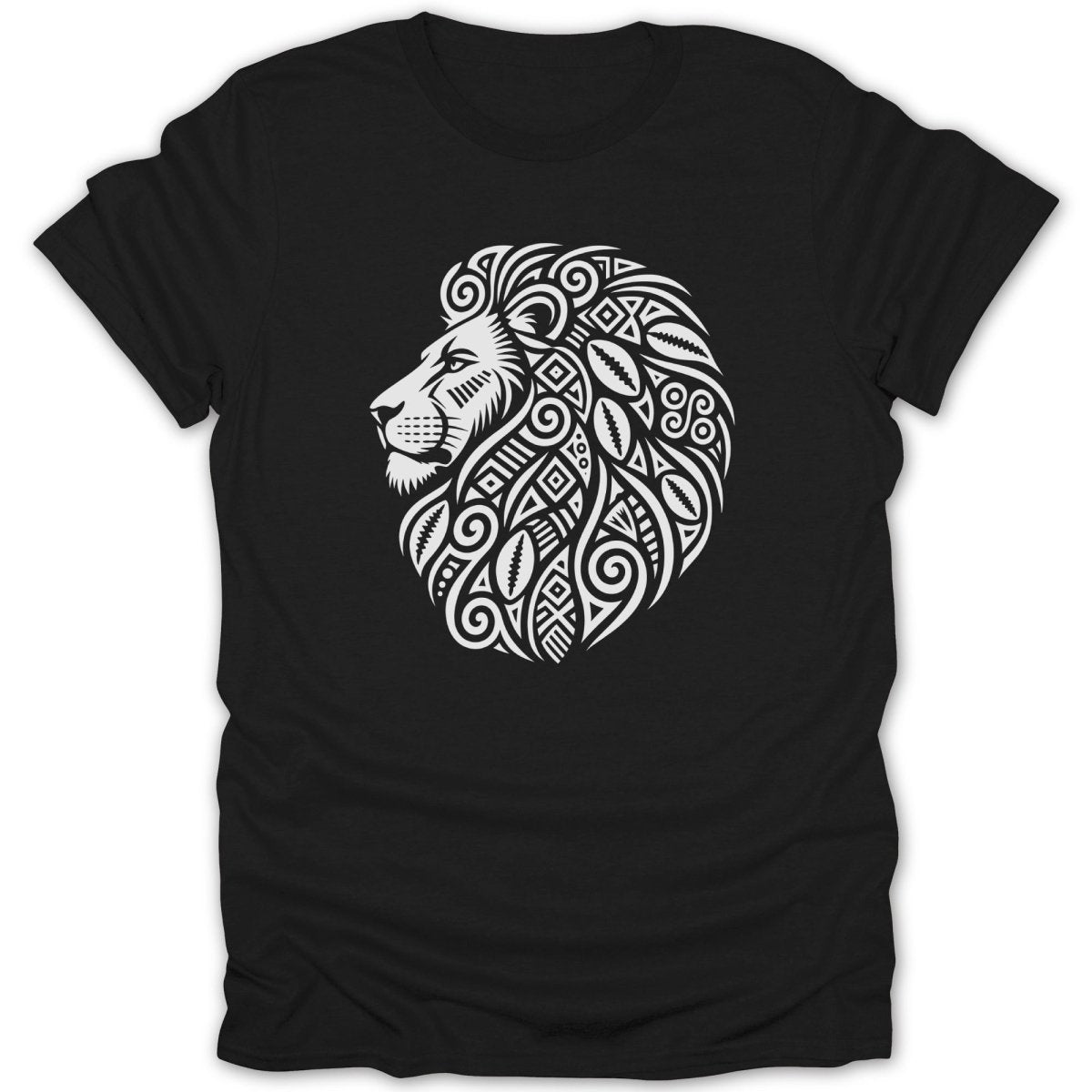 Black t-shirt with a white tribal lion head design.